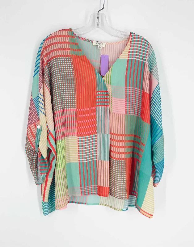 Umgee Size M Turq/Multi Plaid Tops Top-Long Sleeve