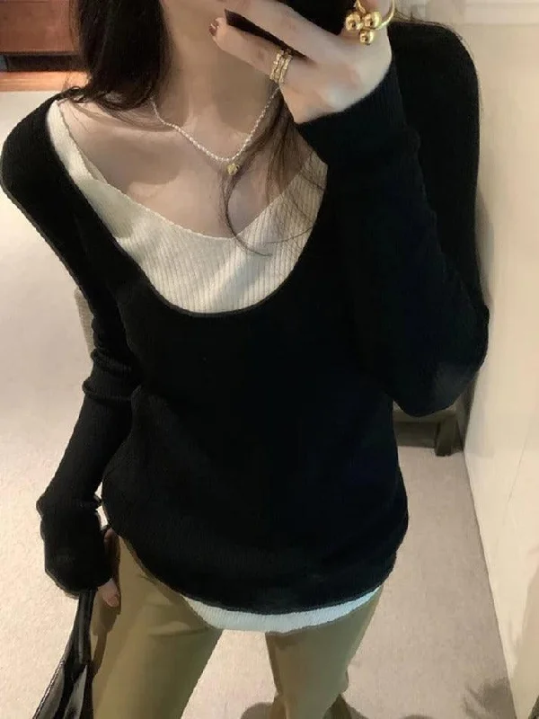 V Neck Fake Two Piece Splice Long Sleeve Knit