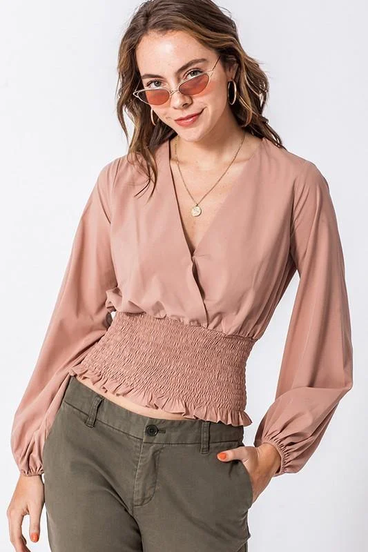 Valerie, Long sleeve shirred detail cross blouse