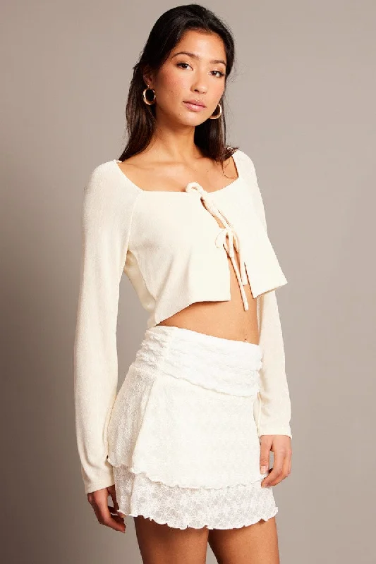 White Tie Up Front Top Long Sleeve