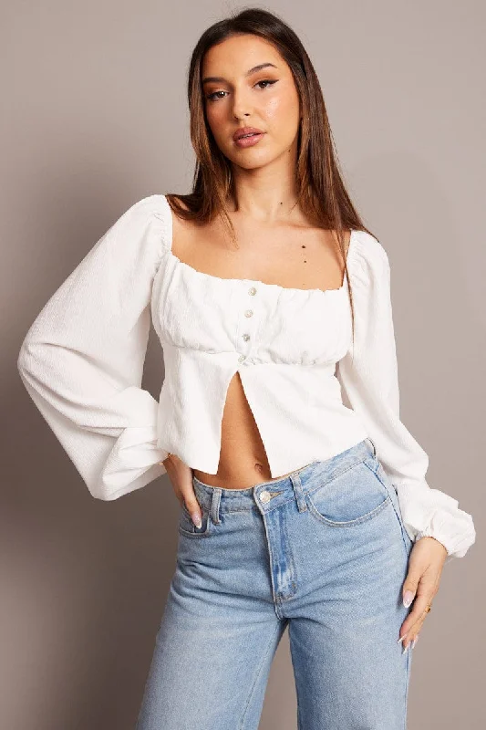 White Top Long Sleeve Square Neck Ruched Bust