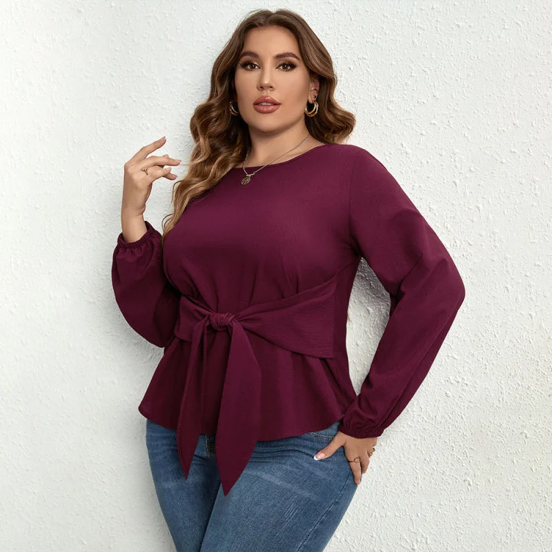 Women's Plus Size Solid Color Puff Long Sleeve Tie Waist Top