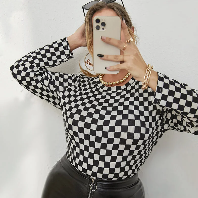 Women's Check Plus Size Long Sleeve Crew Neck Check Print Top