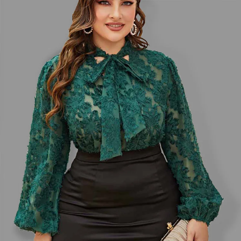 Women's Solid Color Plus Size Lace Trim Tie Neck Long Sleeve Lace Top